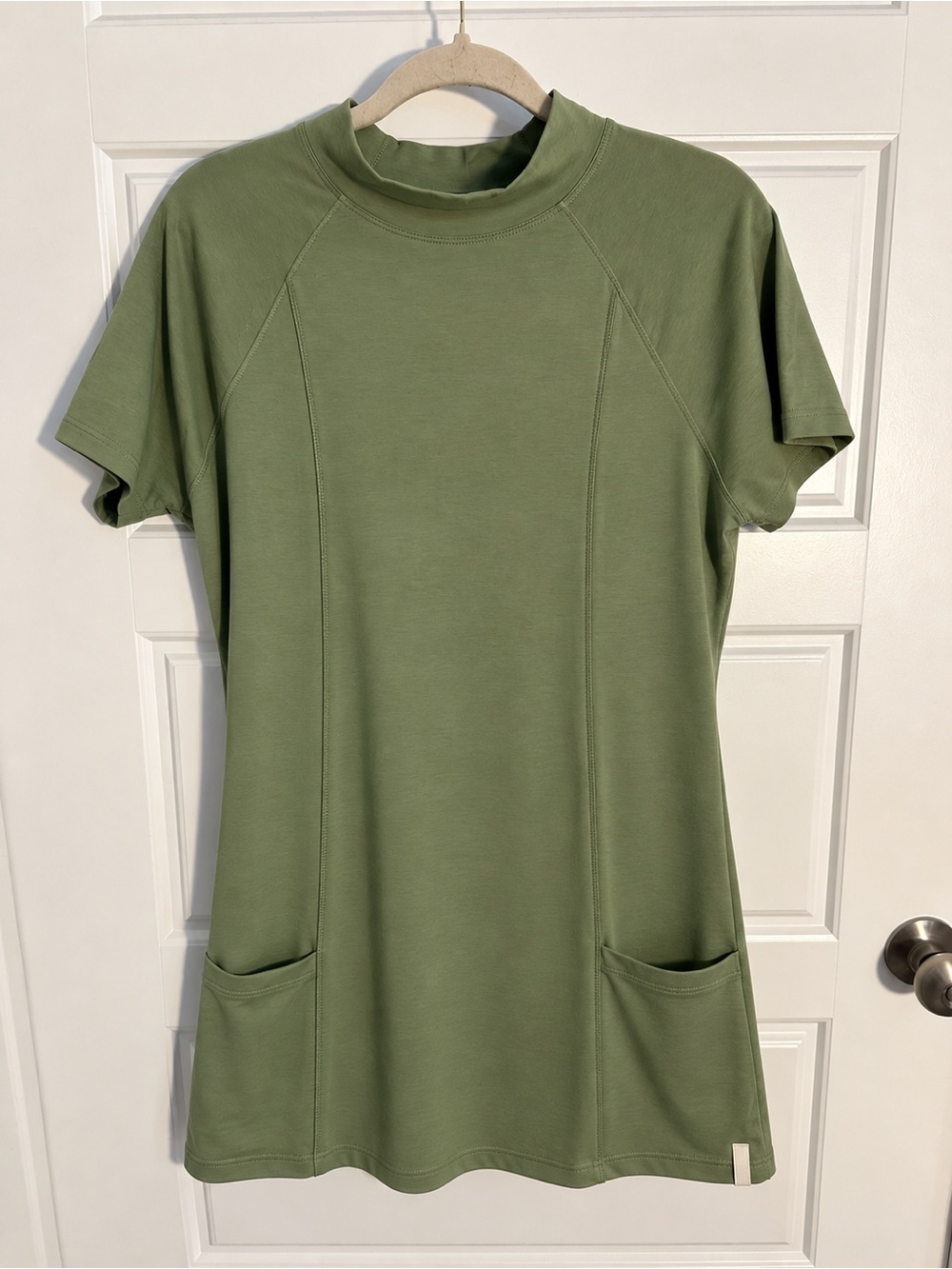 Olive Green Short Sleeve Mock Neck Tunic with Front Pockets 100% Cotton